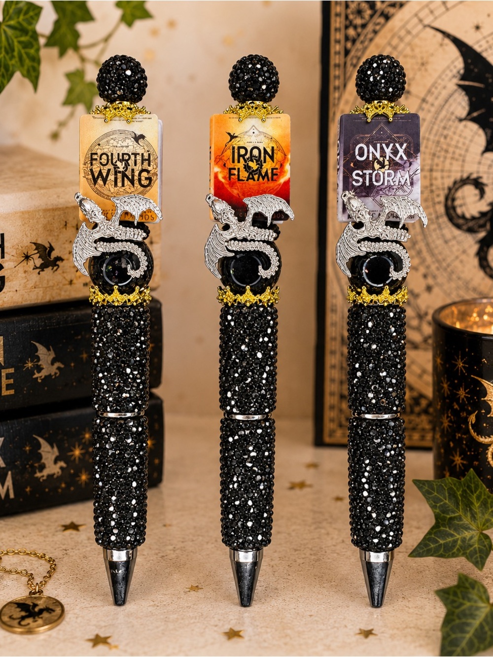 Fourth Wing Series Inspired Gun Black Rhinestone Twist Pens 🖤Pick One🖤